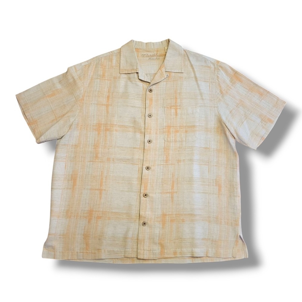 Caribbean Pure Silk Mens L 100% Silk Beige Plaid Resort Button Up Shirt